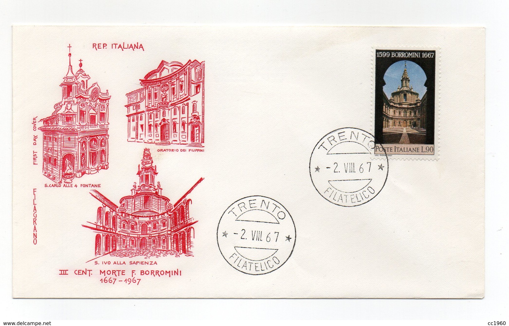 Italia - 1967 - Architettura - III° Centenario Della Morte Di F. Borromini - Con Doppio Annullo Filatelico - (FDC14309) - Altri & Non Classificati