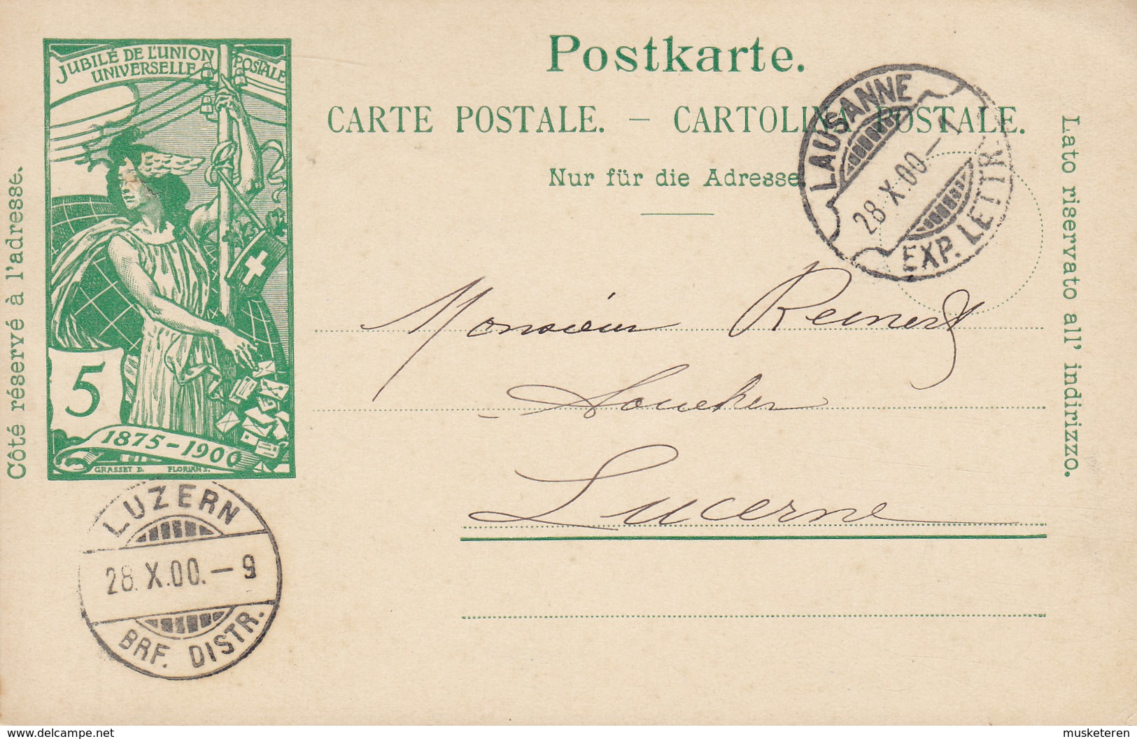 Switzerland UPU Weltpostverein Postal Stationery Ganzsache Entier LAUSANNE 1900 LUZERN (Arrival) (2 Scans) - Postwaardestukken