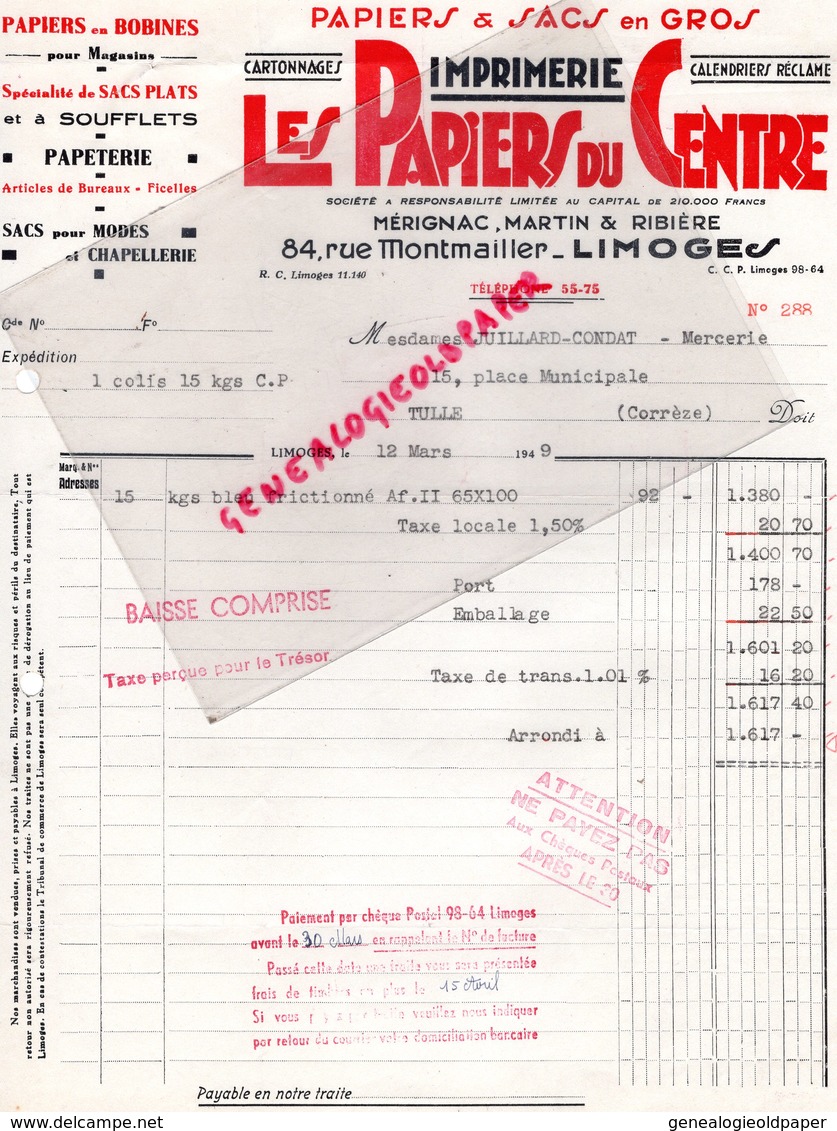 87- LIMOGES- FACTURE LES PAPIERS DU CENTRE-IMPRIMERIE PAPETERIE-PAPIERS SACS- MERIGNAC-MARTIN RIBIERE-84 RUE MONTMAILLER - Printing & Stationeries