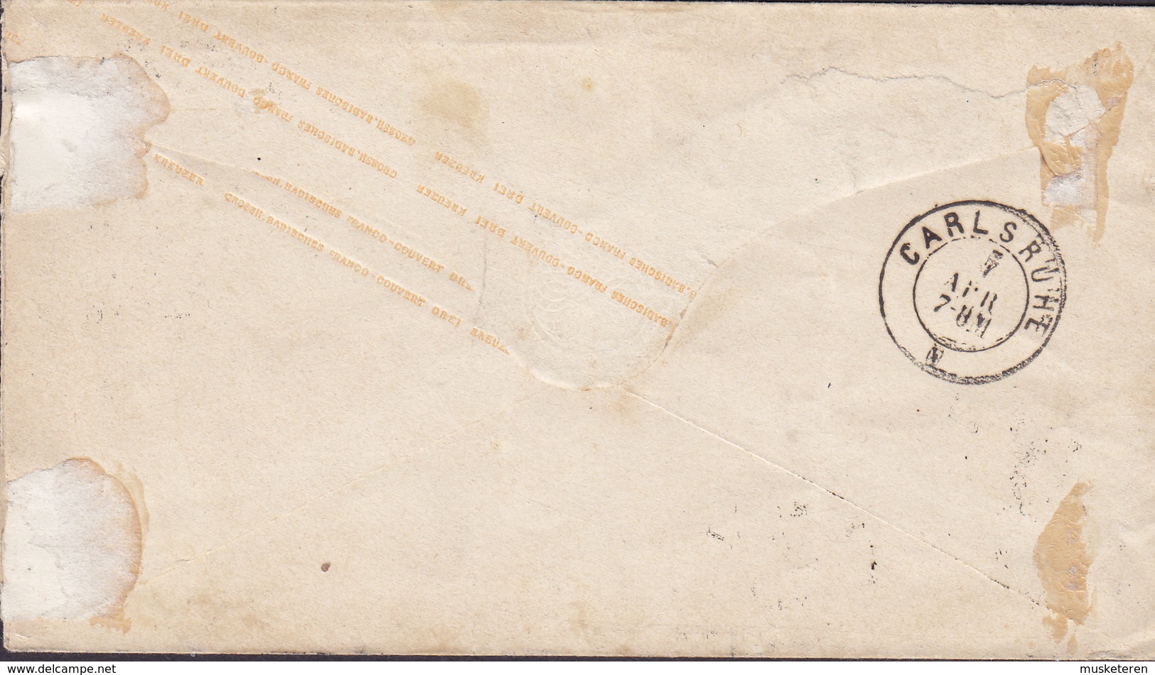 Baden Postal Stationery Ganzsache Entier Umschlag 3 Kr. Grosshrzog Friedrich OFFENBERG 186? KARLSRUHE - Enteros Postales