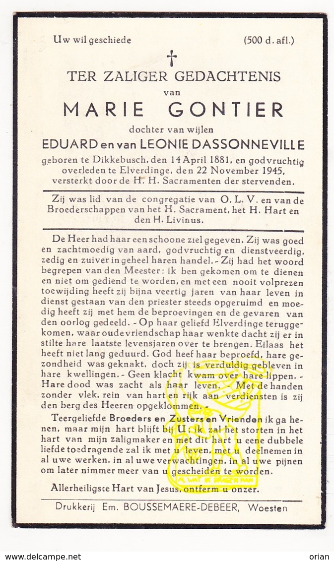 DP Dienstmeid Pastoor - Marie Gontier / Dassonville ° Dikkebus 1881 † Elverdinge 1945 / Ieper - Images Religieuses