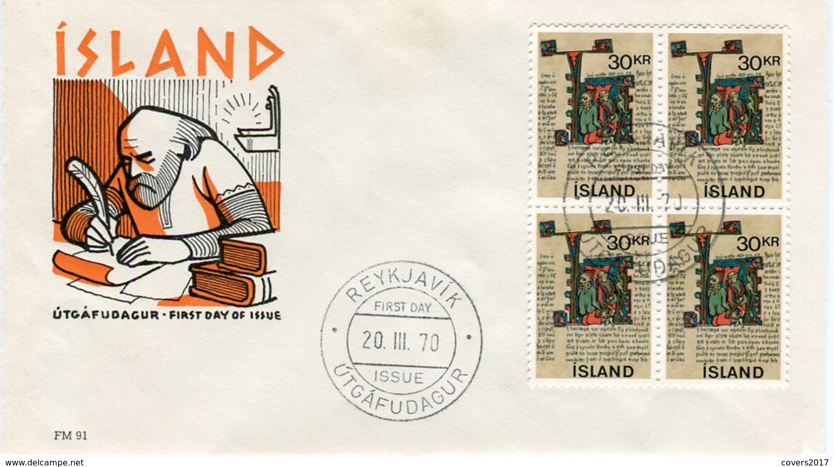 Iceland/Islande/Ijsland FDC 20.III.1970 Old Icelandic Manuscripts Block Of 4 Matching Cover FM 91 - FDC