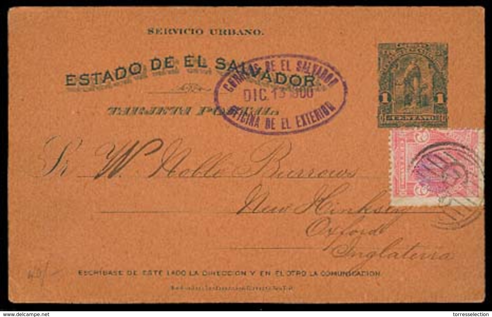 SALVADOR, EL. 1900. Salvador - UK. 1c Stat Card + Adtl. F-VF. - Salvador