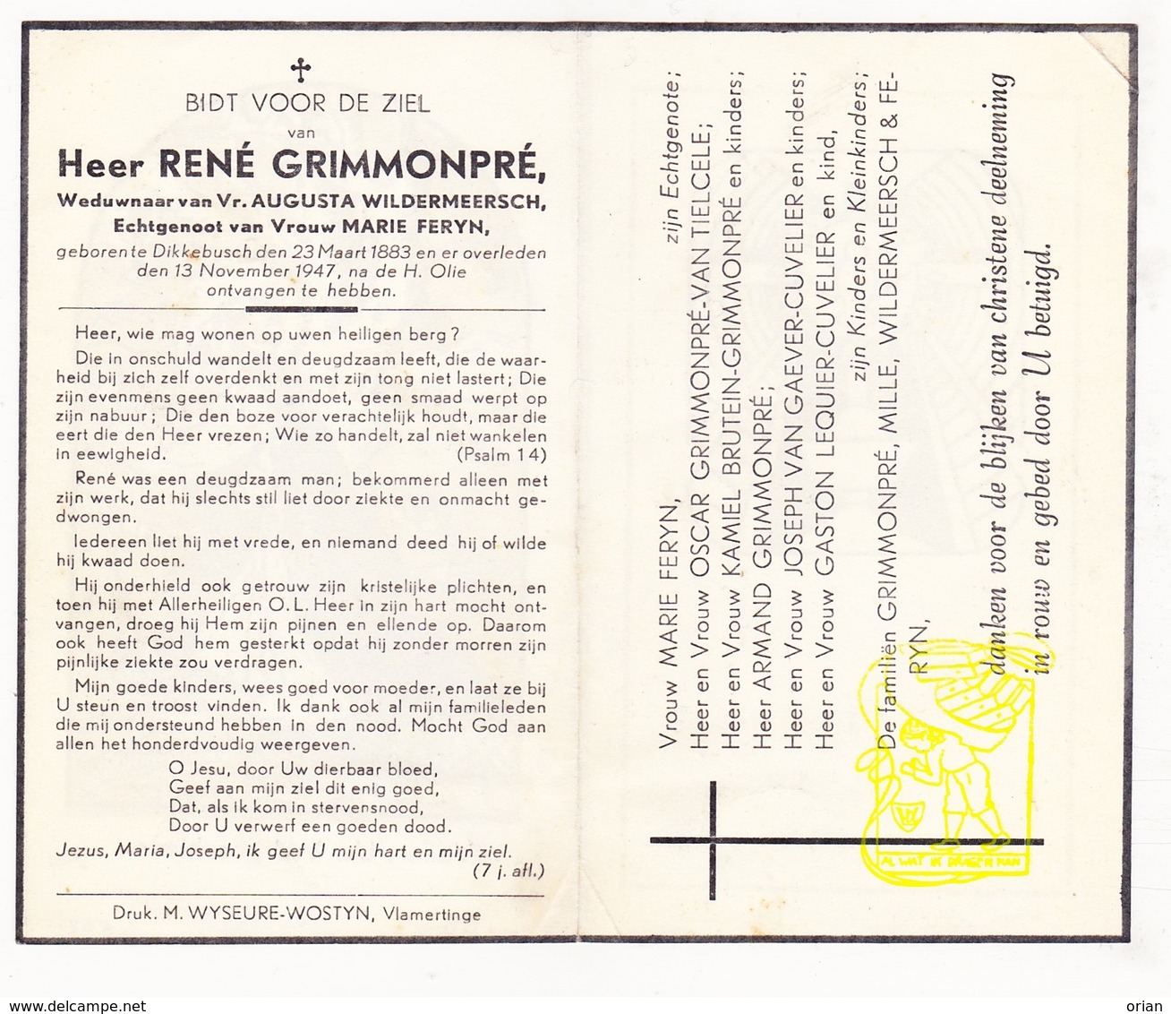 DP René Grimmonpré ° Dikkebus Ieper 1883 † 1947 X Wildermeersch Xx M Feryn / V Tielcele Brutein V Gaever Cuvelier Mille - Images Religieuses