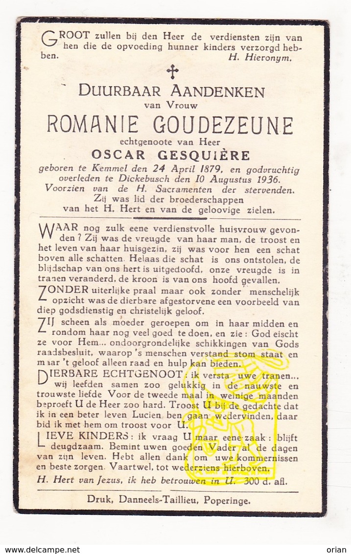 DP Romanie Goudezeune Goudeseune ° Kemmel Heuvelland 1879 † Dikkebus Ieper 1936 X Oscar Gesquière - Images Religieuses