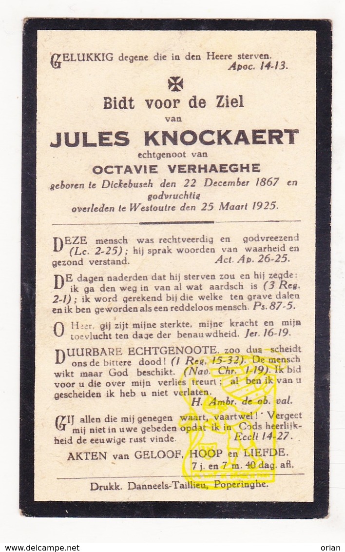 DP Jules Knockaert ° Dikkebus Ieper 1867 † Westouter Heuvelland 1925 X Octavie Verhaeghe - Images Religieuses