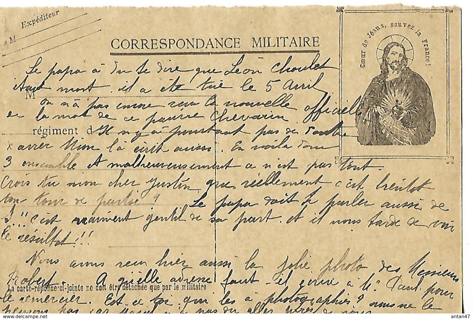 Carte-réponse Correspondance Militaire / " Coeur De Jésus, Sauvez La France" / Acte D'acceptation De La Mort - 1914-18