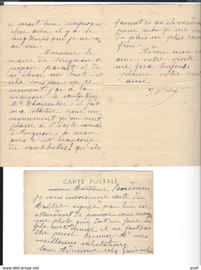 JEAN - HENRI FABRE ( 1823 - 1915 ) Entomologiste  Lettre Cad 18.9.1913 Au Docteur Bordone Frontignan (+ Cpa Avec Envoi ) - Autres & Non Classés