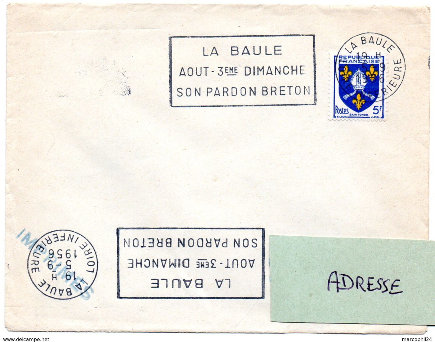 LOIRE INFERIEURE - Dépt N° 44 = LA BAULE  1956 = FLAMME Sur Enveloppe ENTIERE =  SECAP  ' AOUT / PARDON BRETON' - Oblitérations Mécaniques (flammes)