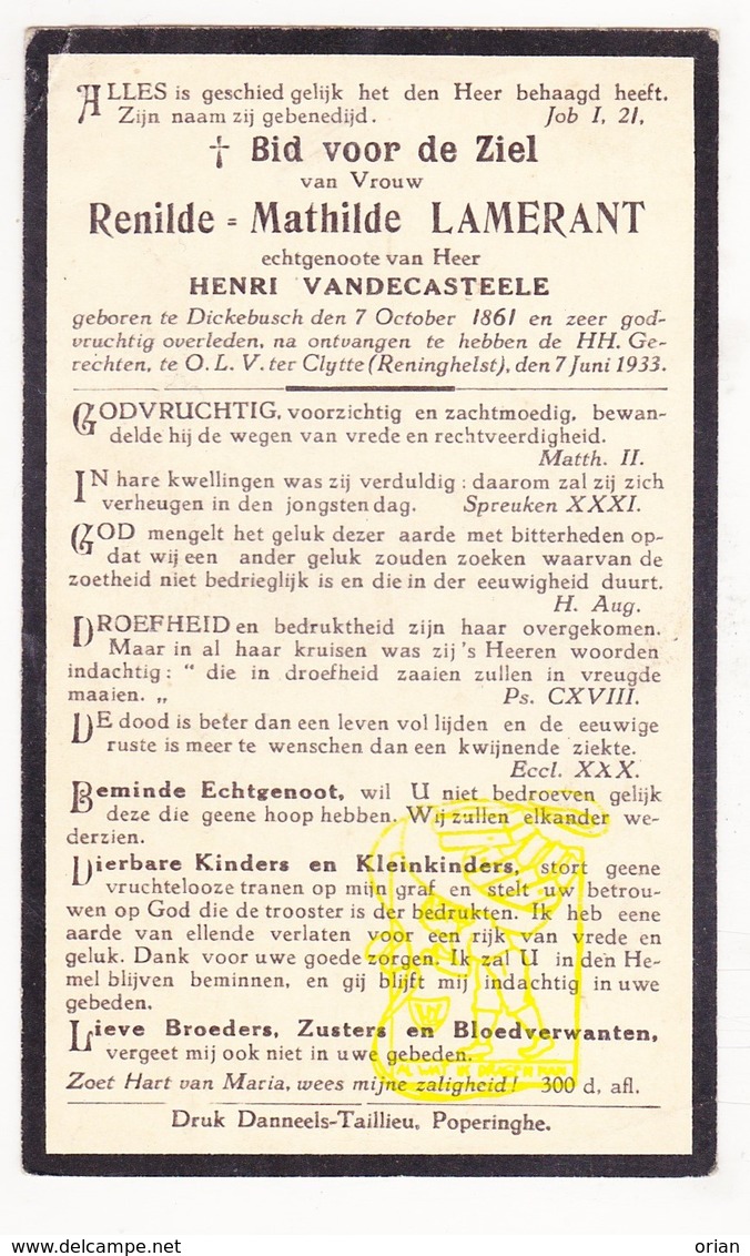 DP Renilde Math. Lamerant ° Dikkebus Ieper 1861 † OLV De Klijte 1933 X H. VandeCasteele / Reningelst Heuvelland - Images Religieuses