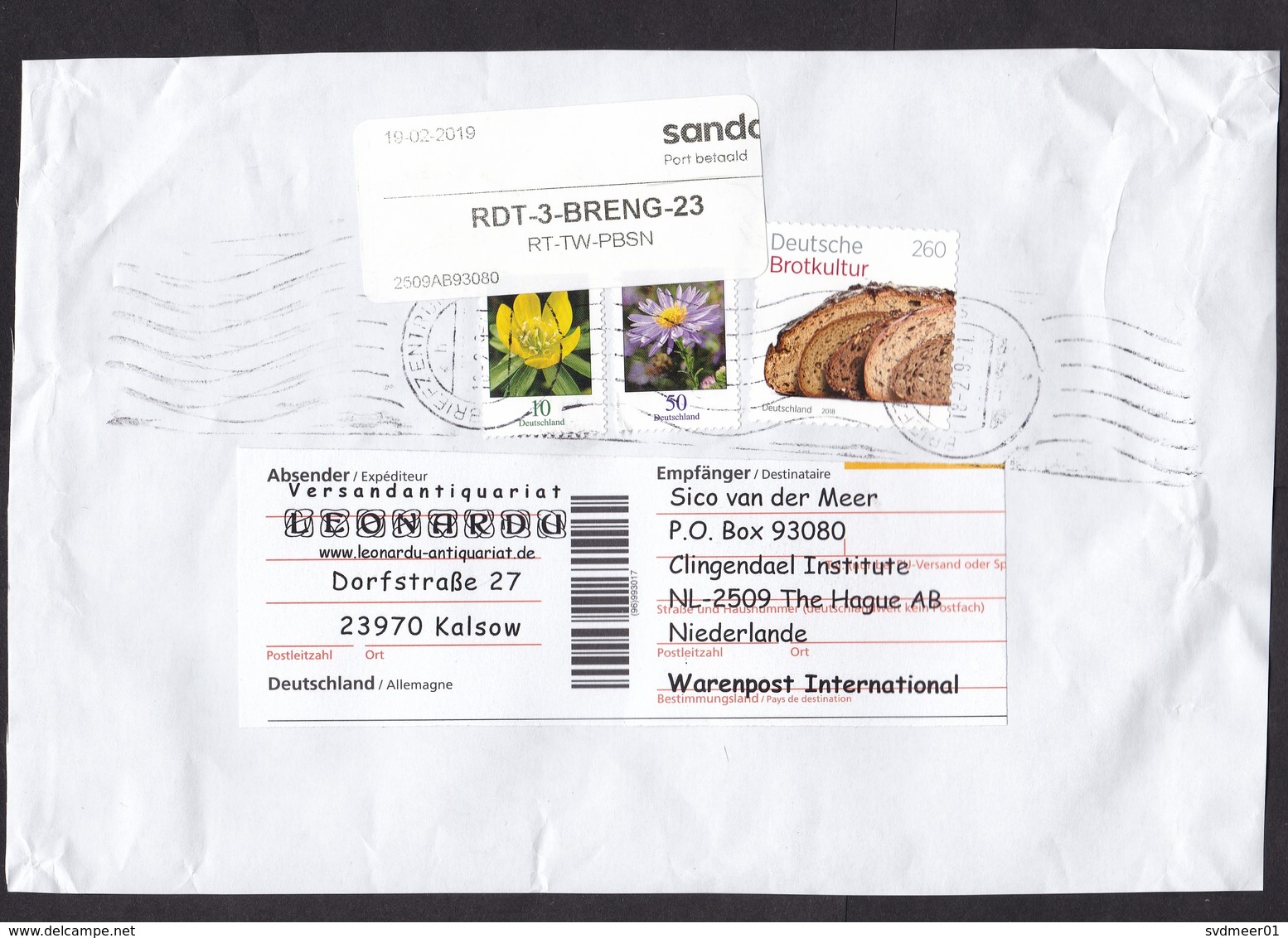 Germany: Parcel Fragment (cut-out) To Netherlands, 2019, 3 Stamps, Bread, Food, Label Private Service SANDD Over Stamps - Brieven En Documenten