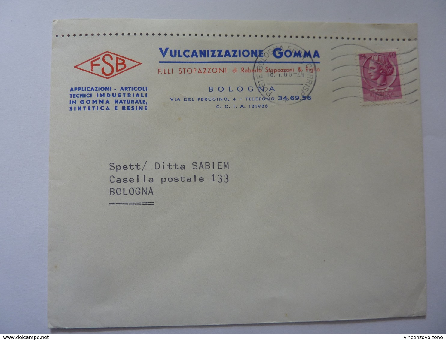 Busta Viaggiata "VULCANIZZAZIONE GOMMA FSB - BOLOGNA" 1966 - 1961-70: Poststempel