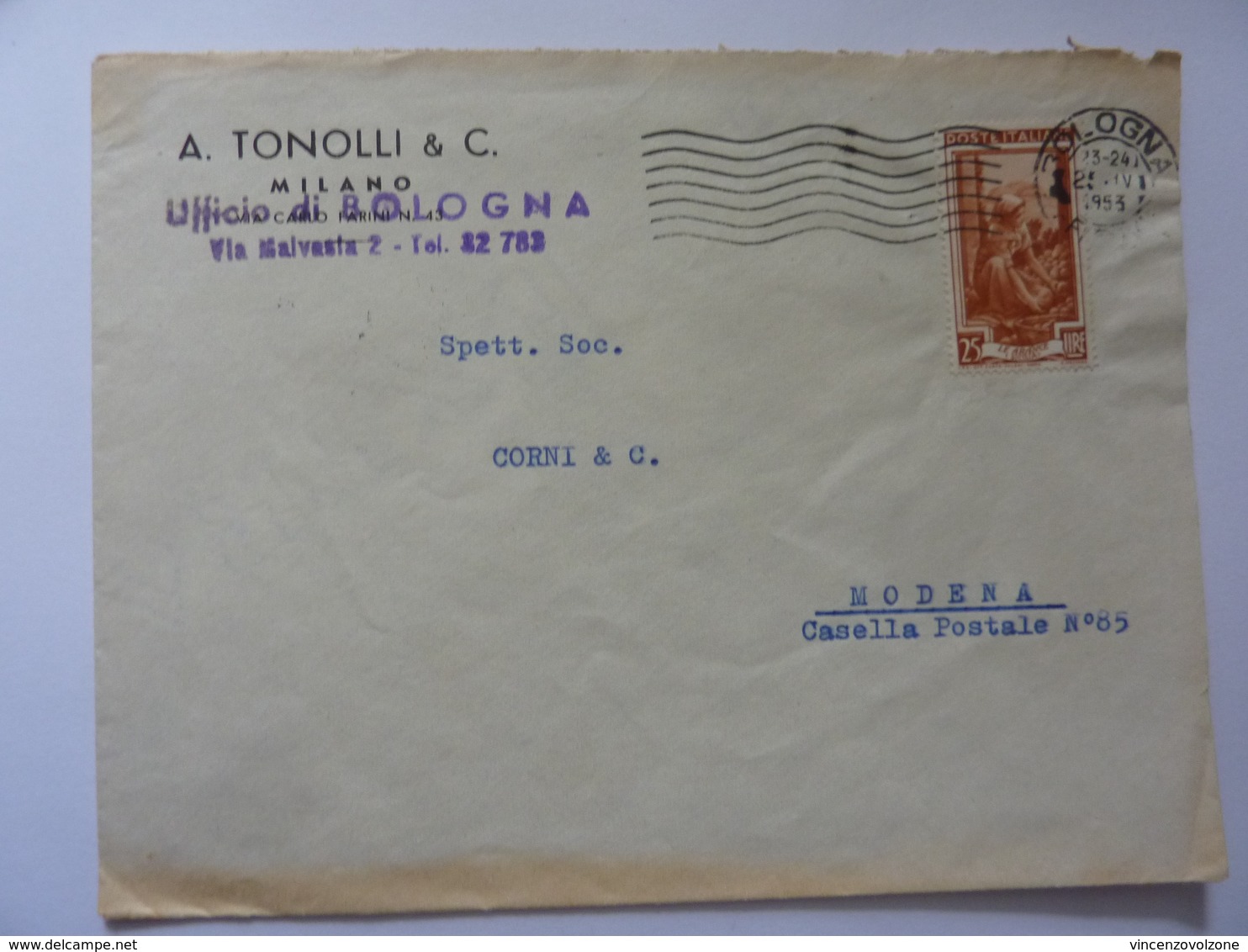 Busta Viaggiata Pubblicitaria "A. TONOLLI & C. Bologna" 1953 - 1946-60: Storia Postale