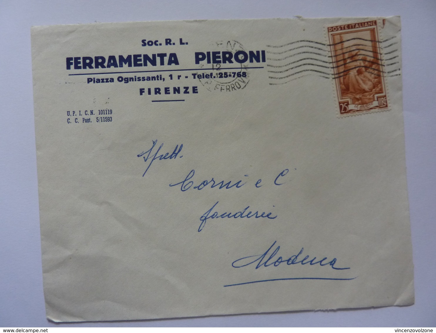 Busta Viaggiata Pubblicitaria "FERRAMENTA PIERONI Soc. R.L. Firenze" 1953 - Storia Postale