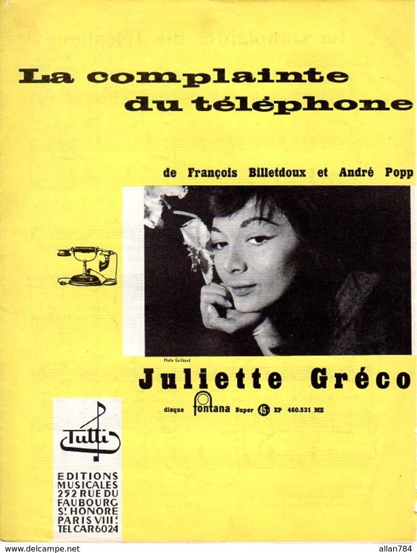 PARTITION JULIETTE GRECO / ANDRE POPP / FRANCOIS BILLETDOUX - LA COMPLAINTE DU TELEPHONE - 1957 - TB ETAT - - Autres & Non Classés