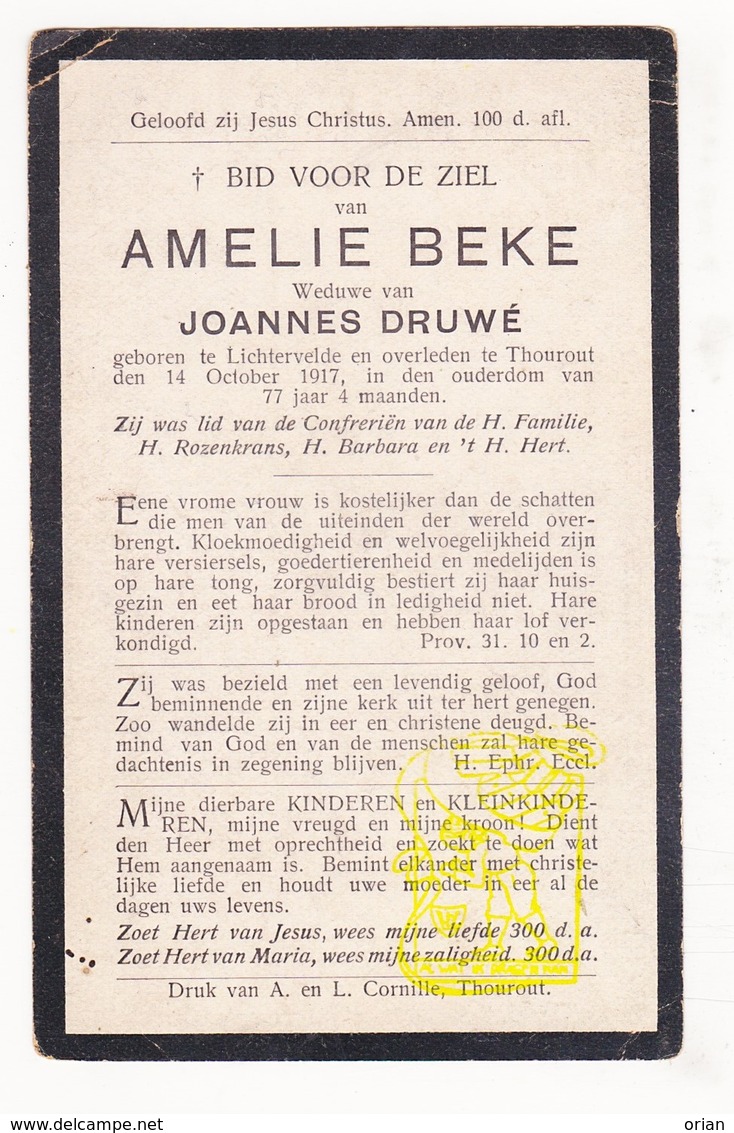 DP Amelie Beke ° Lichtervelde 1840 † Torhout 1917 X Joannes Druwé - Devotieprenten