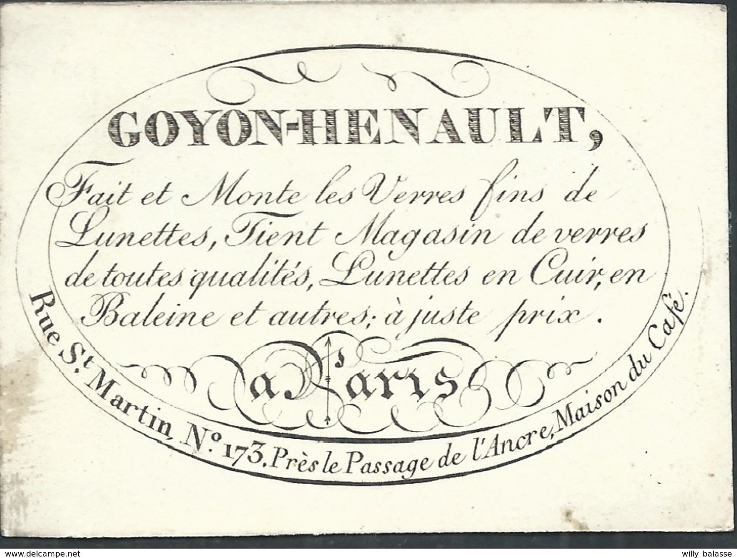 Carte De Visite Goyon / Henault Lunettes Rue St Martin 173 Paris Paris   8 X 5,5 Cm - Visiting Cards