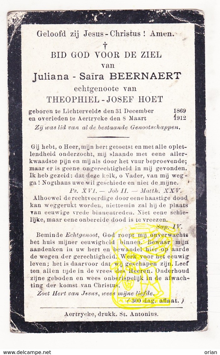 DP Juliana Saïra Beernaert ° Lichtervelde 1869 † Aartrijke Zedelgem 1912 X Theophiel J. Hoet - Images Religieuses