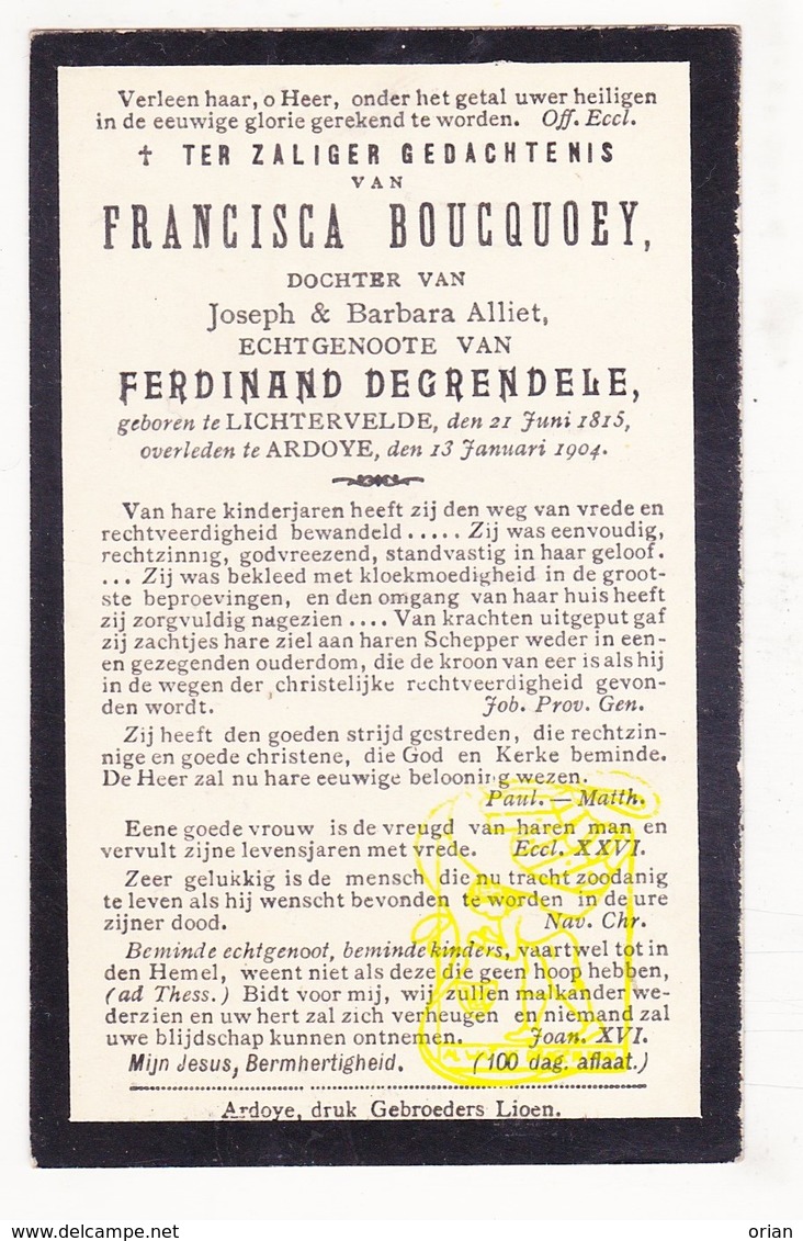 DP Francisca Boucquoey / Alliet ° Lichtervelde 1815 † Ardooie 1904 X Fred. DeGrendele - Devotieprenten