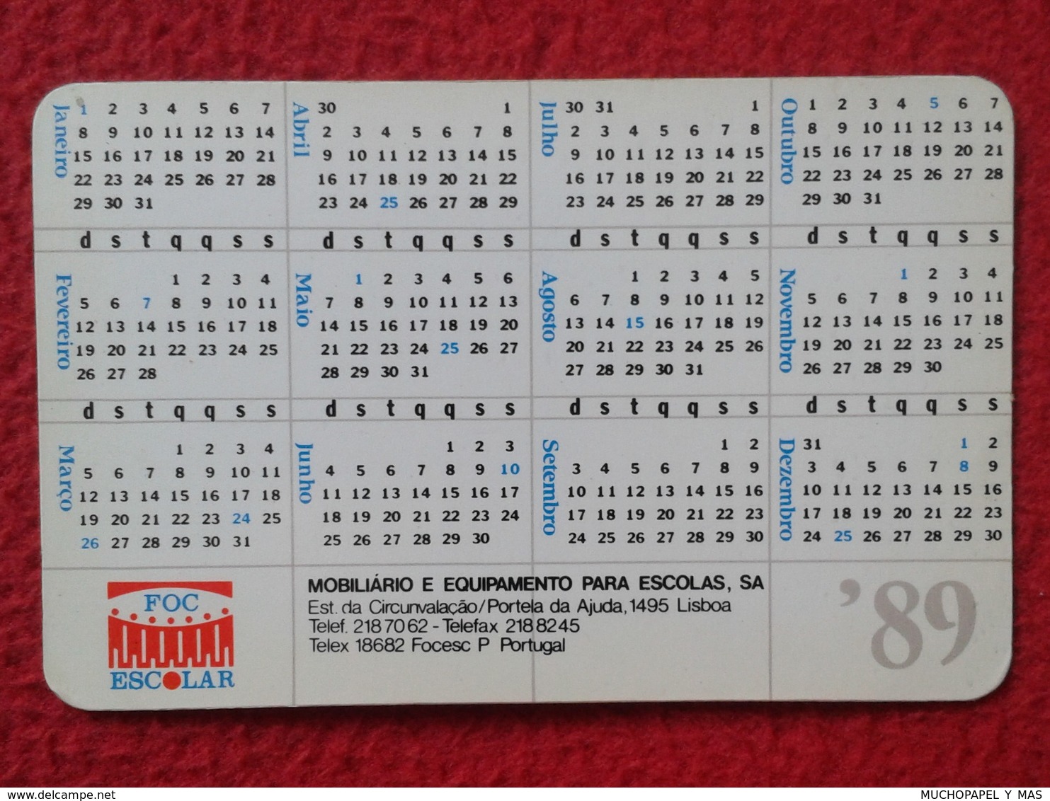 CALENDARIO DE BOLSILLO MANO PORTUGAL PORTUGUESE CALENDAR 1989 RODA DE OLEIRO FOC ESCOLAR  MOBILIARIO ALFARERO BARRO..... - Formato Piccolo : 1981-90