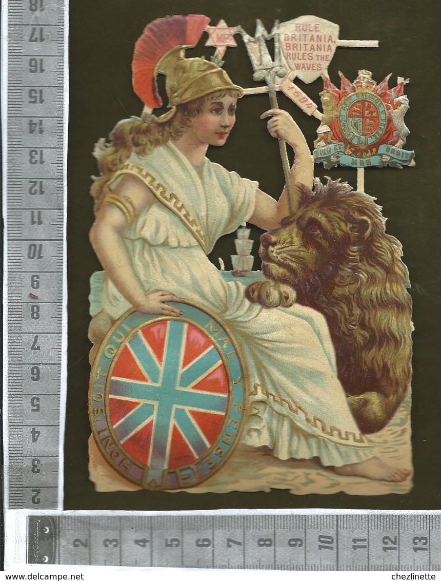 CHROMO DECOUPIS  GAUFRÉ / MOTIF ANGLAIS / RULE BRITANIA / LION DÉESSE GRECQUE BOUCLIER TRIDENT BLASON - Autres & Non Classés