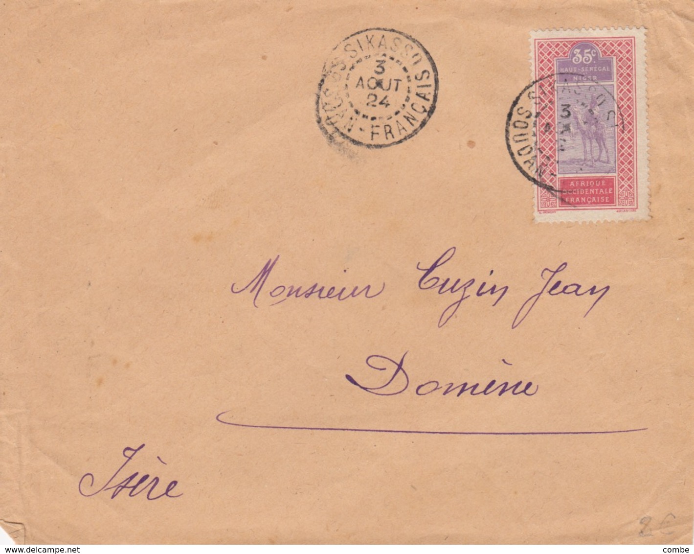 COVER. LETTRE. FRENCH COLONIE. 1924. SIKASSO SOUDAN FRANCAIS TO FRANCE - Altri & Non Classificati