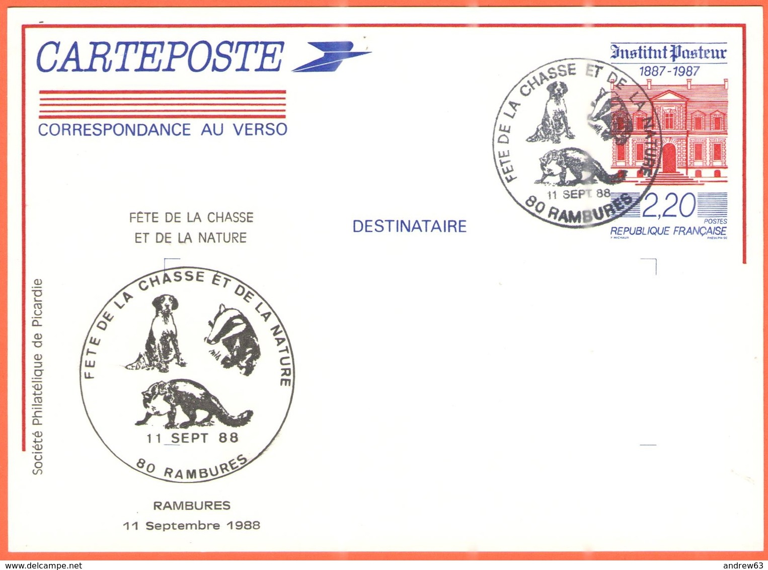FRANCIA - France - 1988 - 2,20 Institut Pasteur + Special Cancel Rambures Fête De La Chasse Et De La Nature - Carte Post - Standard Postcards & Stamped On Demand (before 1995)