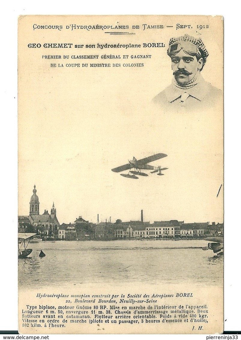 Carte Aviation: Concours D'Hydroaéroplane De Tamise , Géo Chemet Sur Son Hydravion Borel , 1912 - Reuniones