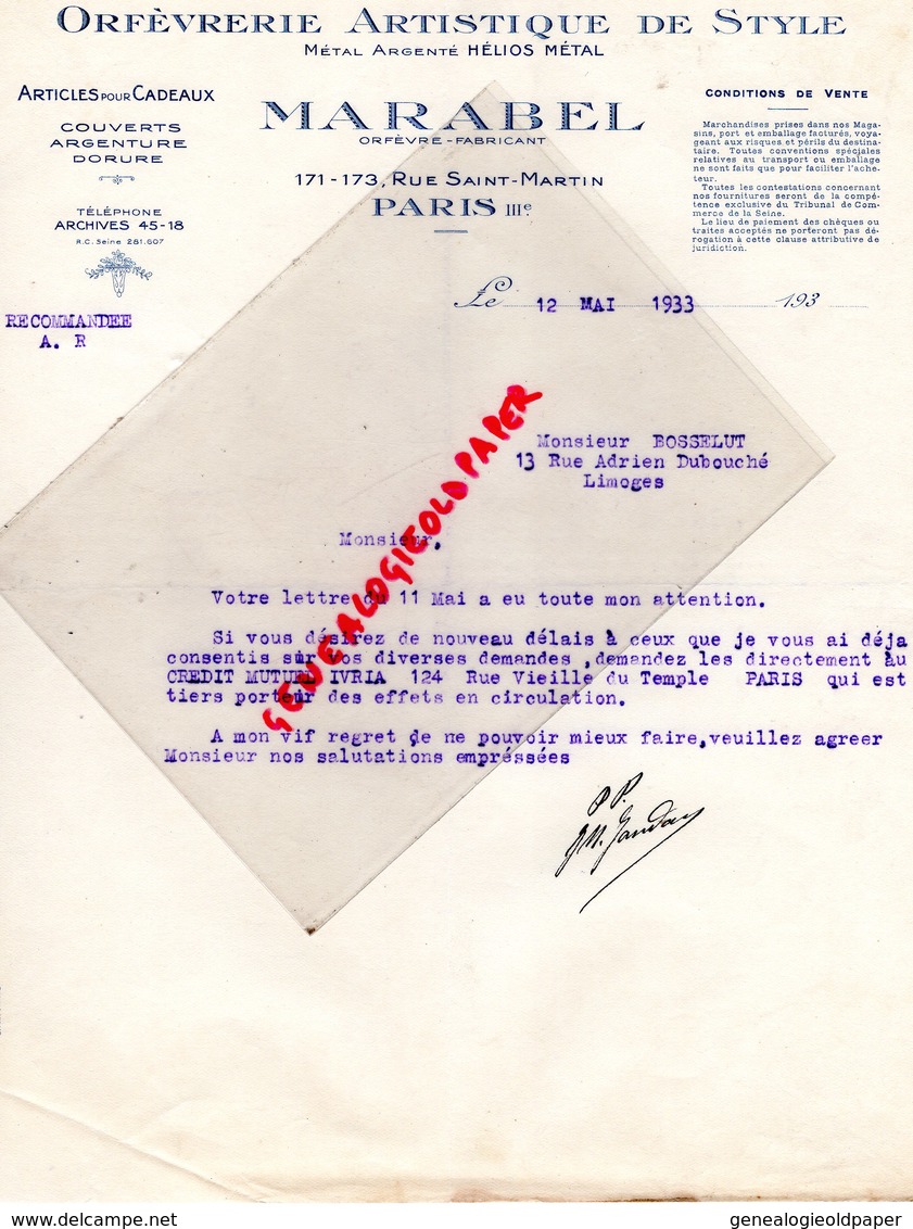 75- PARIS- RARE LETTRE MARABEL- ORFEVRERIE ARTISTIQUE DE STYLE-ORFEVRE- 171 RUE SAINT MARTIN- 1933 - Old Professions