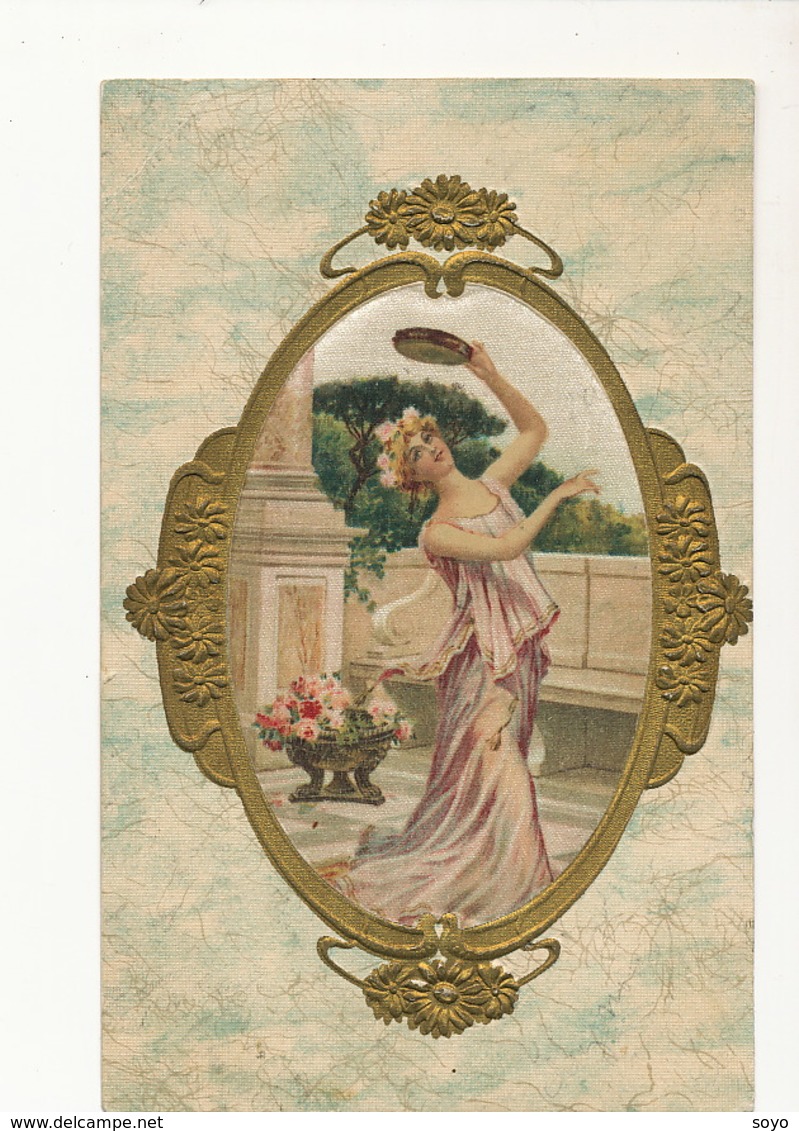 Embossed Painted Silk Card . Beautiful Woman. Carte Peinte En Soie - Autres & Non Classés