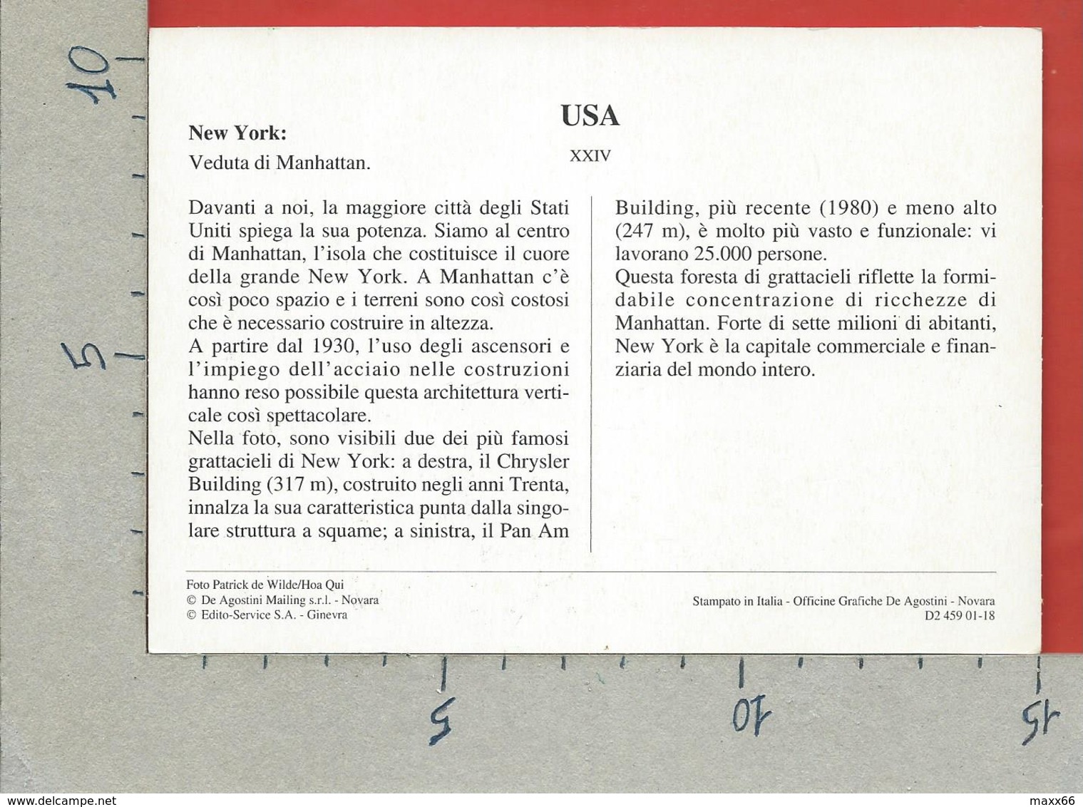 CARTOLINA NV DE AGOSTINI - USA STATI UNITI - New York - Manhattan Skyline - Vedute Dal Mondo - 10 X 15 - Manhattan