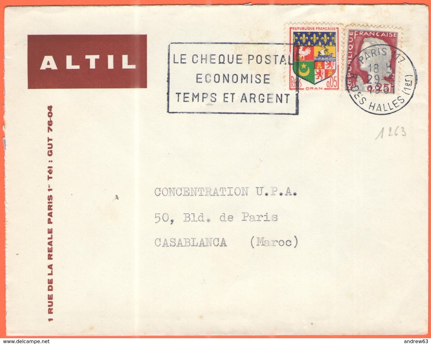 FRANCIA - France - 1961 - 0,05 Oran + 0,25 Marianne De Decaris + Flamme Le Chèque Postal économise Temps Et Argent - ALT - 1961-....