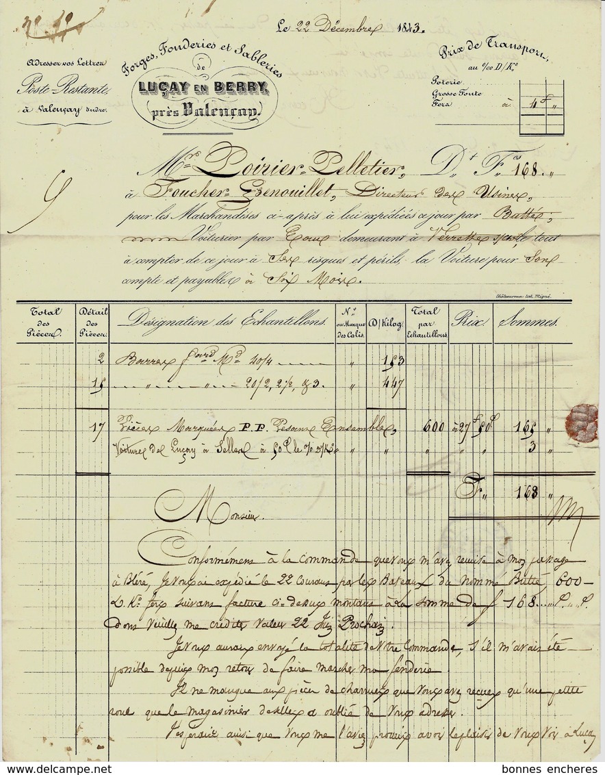 1843 SUPERBE FACTURE ENTETE FORGES FONDERIES SABLERIES DE Luçay En Berry  Luçay Le Mâle Près Valençay B.E.V.HISTORIQUE - 1800 – 1899