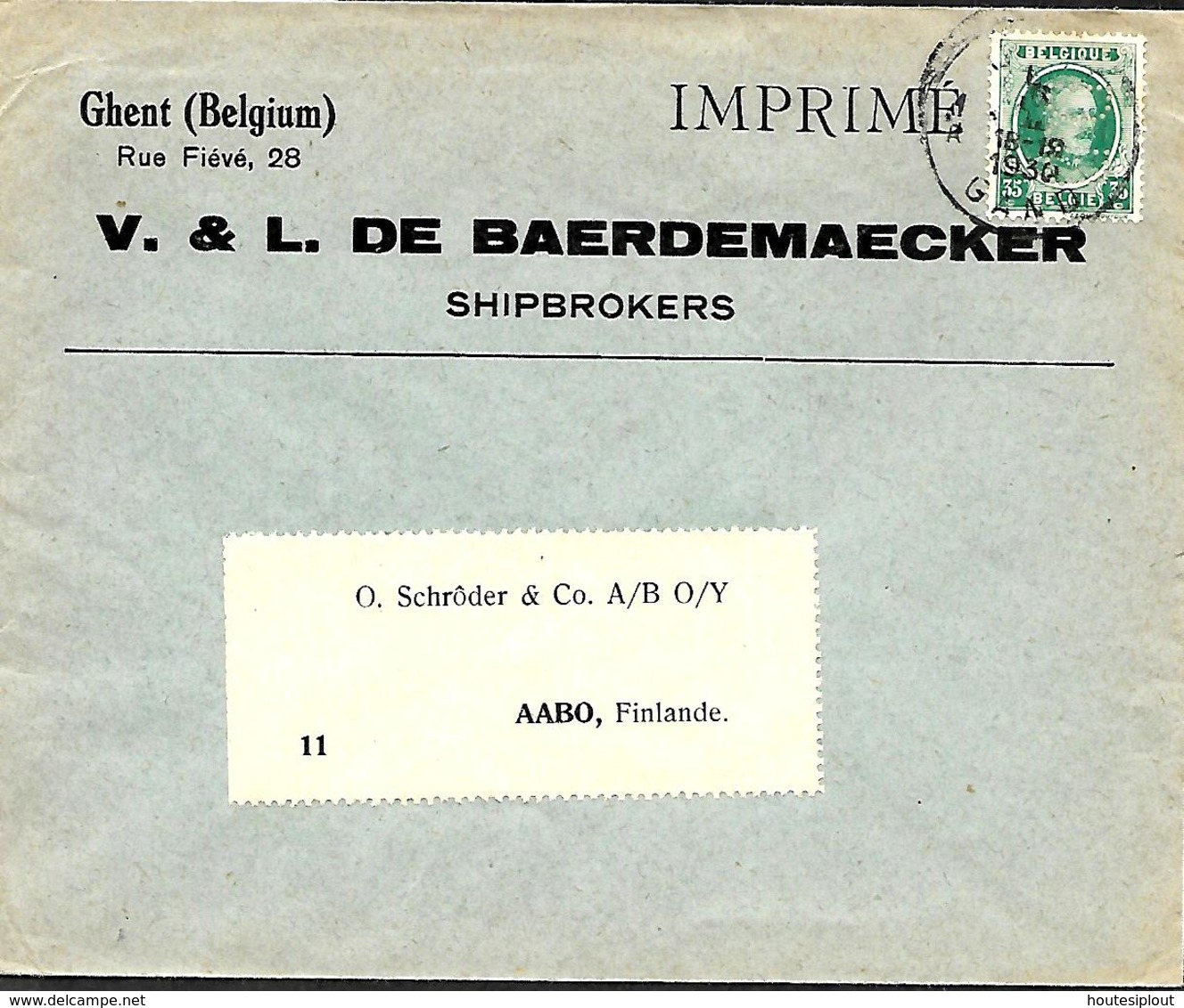 Belgique. TP 254  Impr. Gent 1 > Abo (= Turku) Finlande 1930   Perfin D.B   V. & L.  De Baerdemaecker - 1922-1927 Houyoux