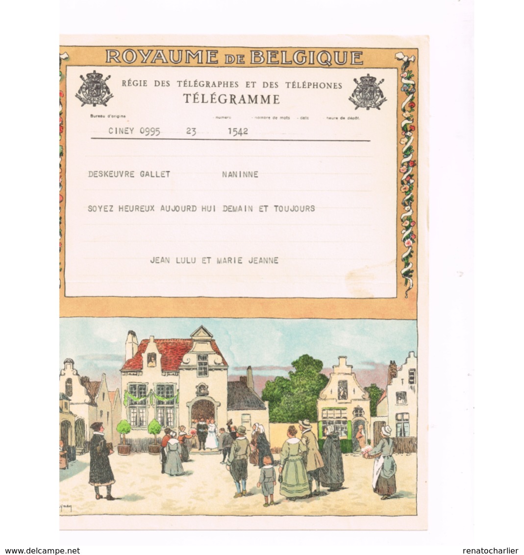 Télégramme De CINEY Pour NANINNE.Mariage. - Timbres Télégraphes [TG]