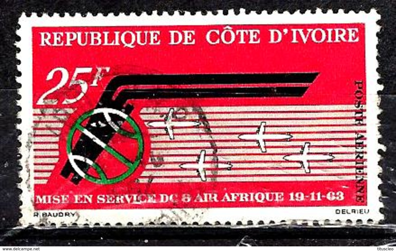 COTE D'IVOIRE Aer30° 25f Carmin, Noir, Gris Et Vert Anniversaire De La Compagnie "Air Afrique" (10% De La Cote + 0,25) - Côte D'Ivoire (1960-...)