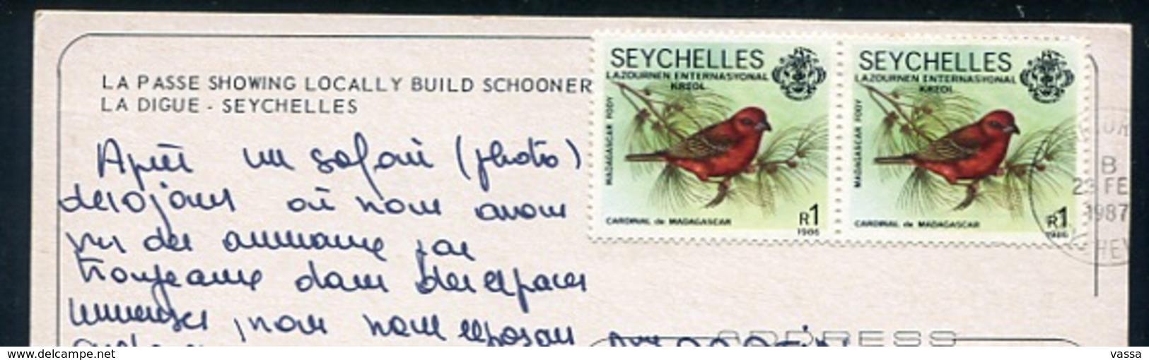 2 Stamps Birds On PC.  SEYCHELLES - LA DIGUE . La Passe Showing Locally Build Schooner - Seychellen