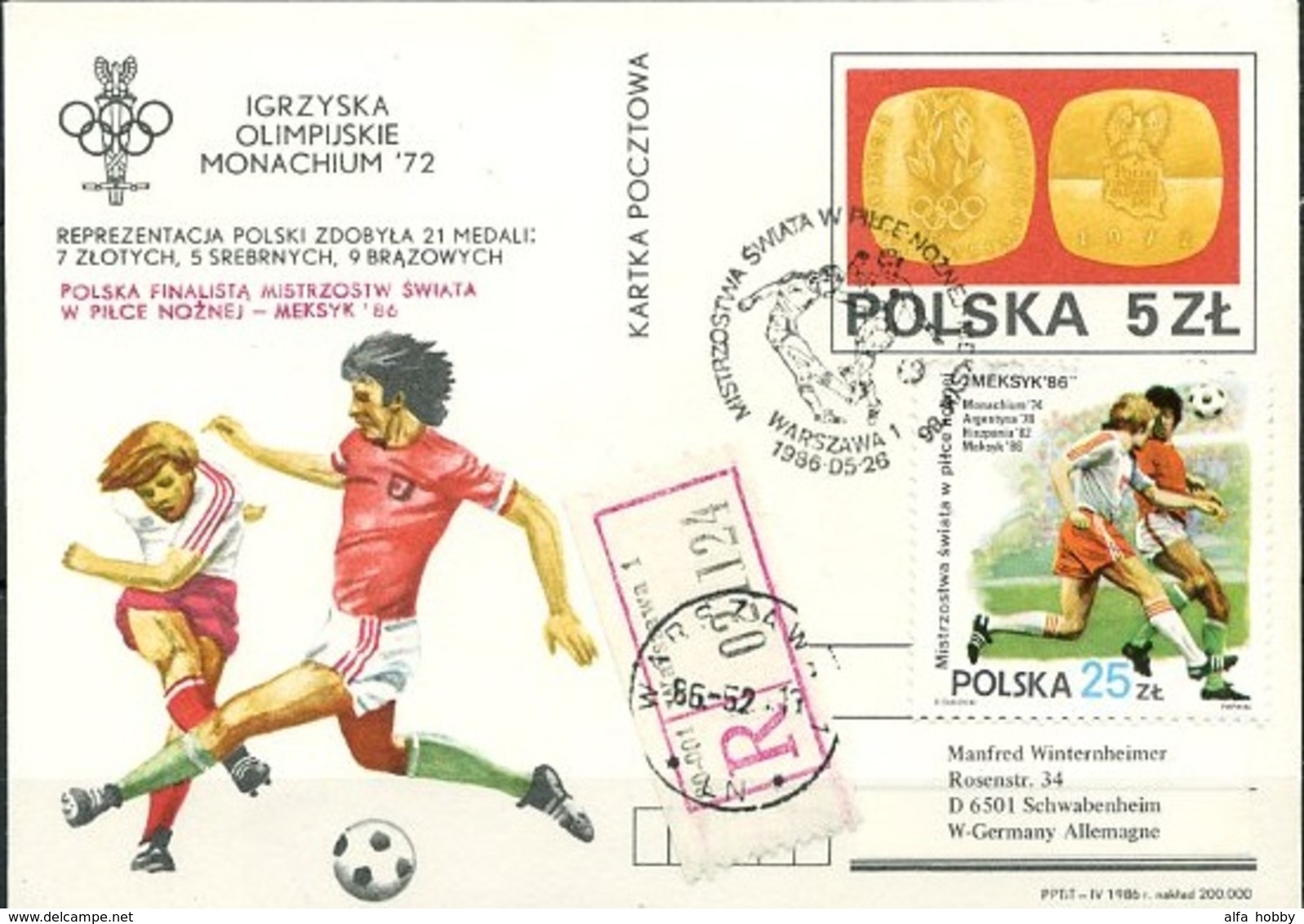 Poland, WC 1986, Olympic Games-72, RED OVERPRINTED Card - 1986 – Mexico