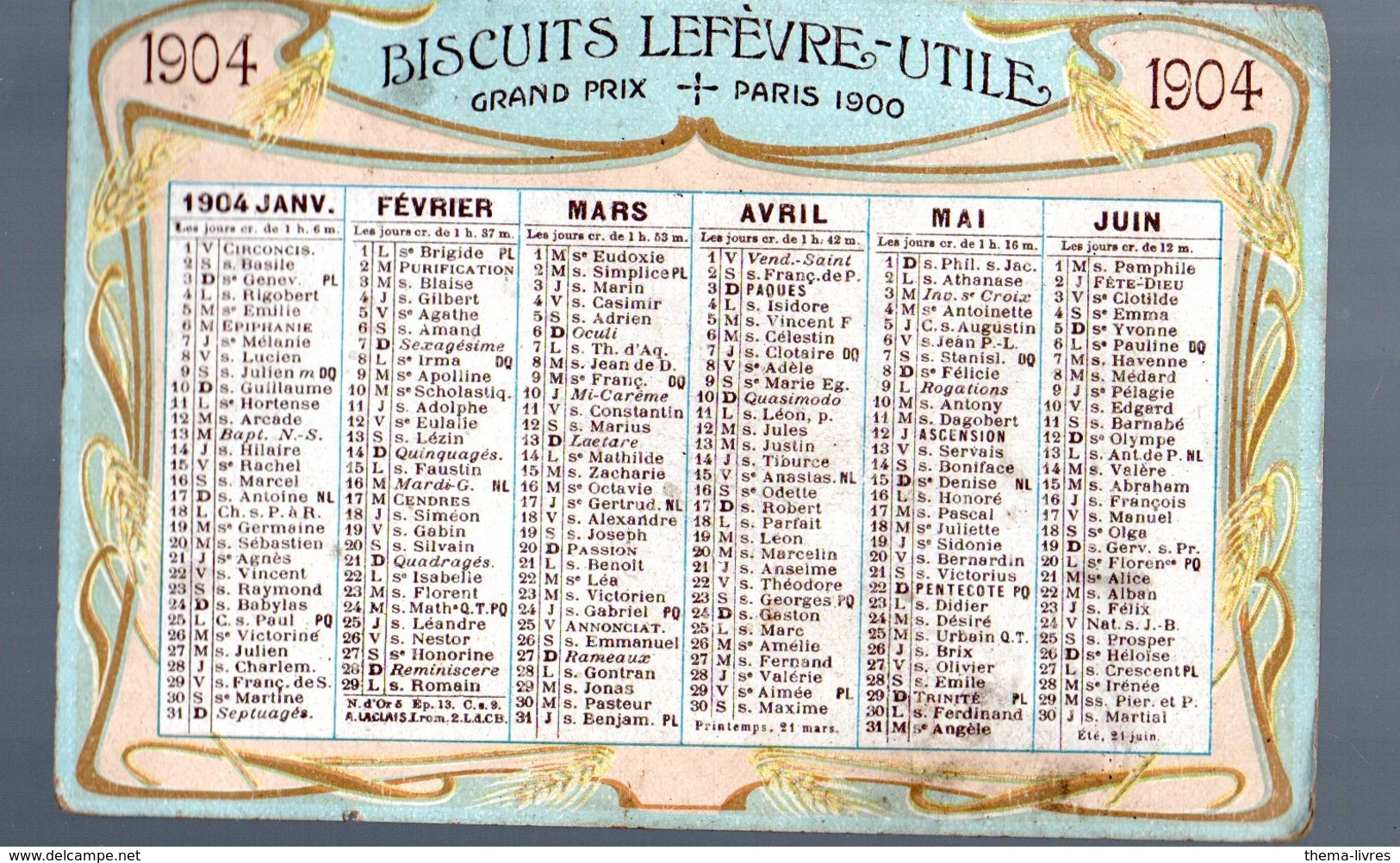 Nantes (44 Loire Atlantique) Calendrier 1e Semestre 1904  LU (PPP17458) - Petit Format : 1901-20