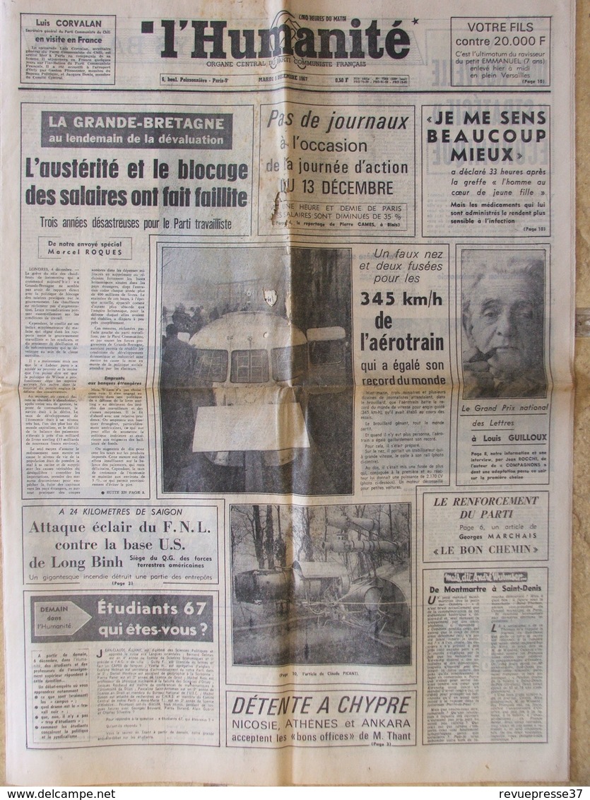 Journal L'Humanité (5 Déc 1967) Aérotrain - Austérité Grande Bretagne - Chypre - Coeur Greffé - 1950 - Oggi