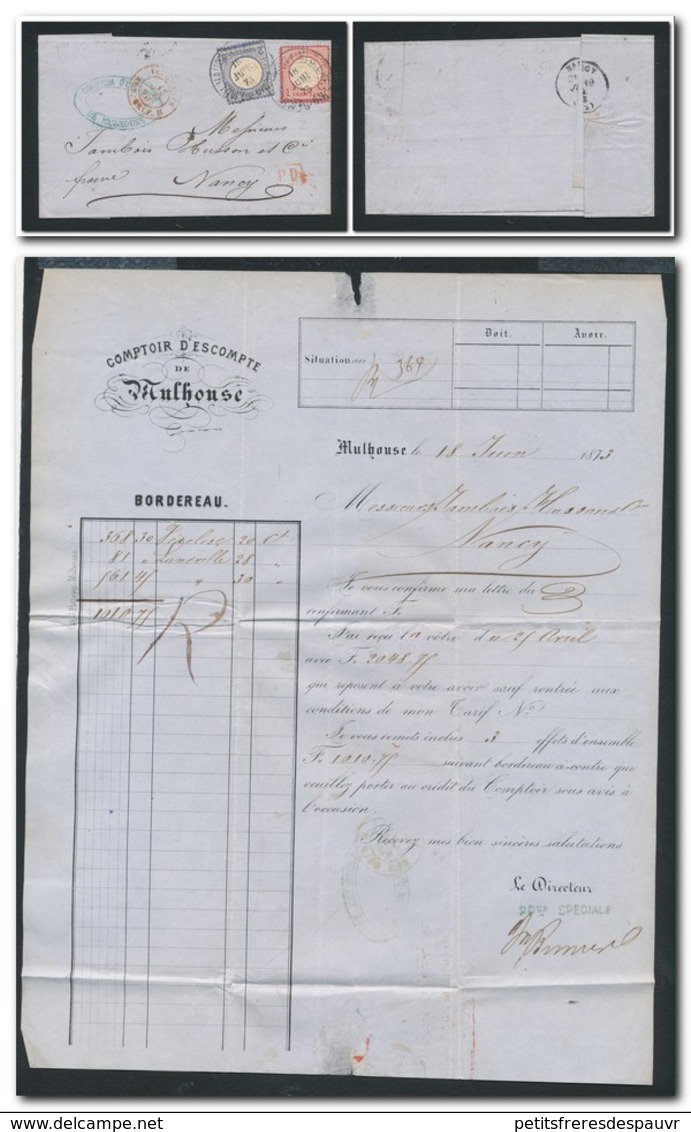 ALSACE Annexée 1873 - Bordereau Comptoir D'Escompte Mulhouse Cachet Fer à Cheval Sur 1 + 2 Grochen Empire Allemand - Lettres & Documents