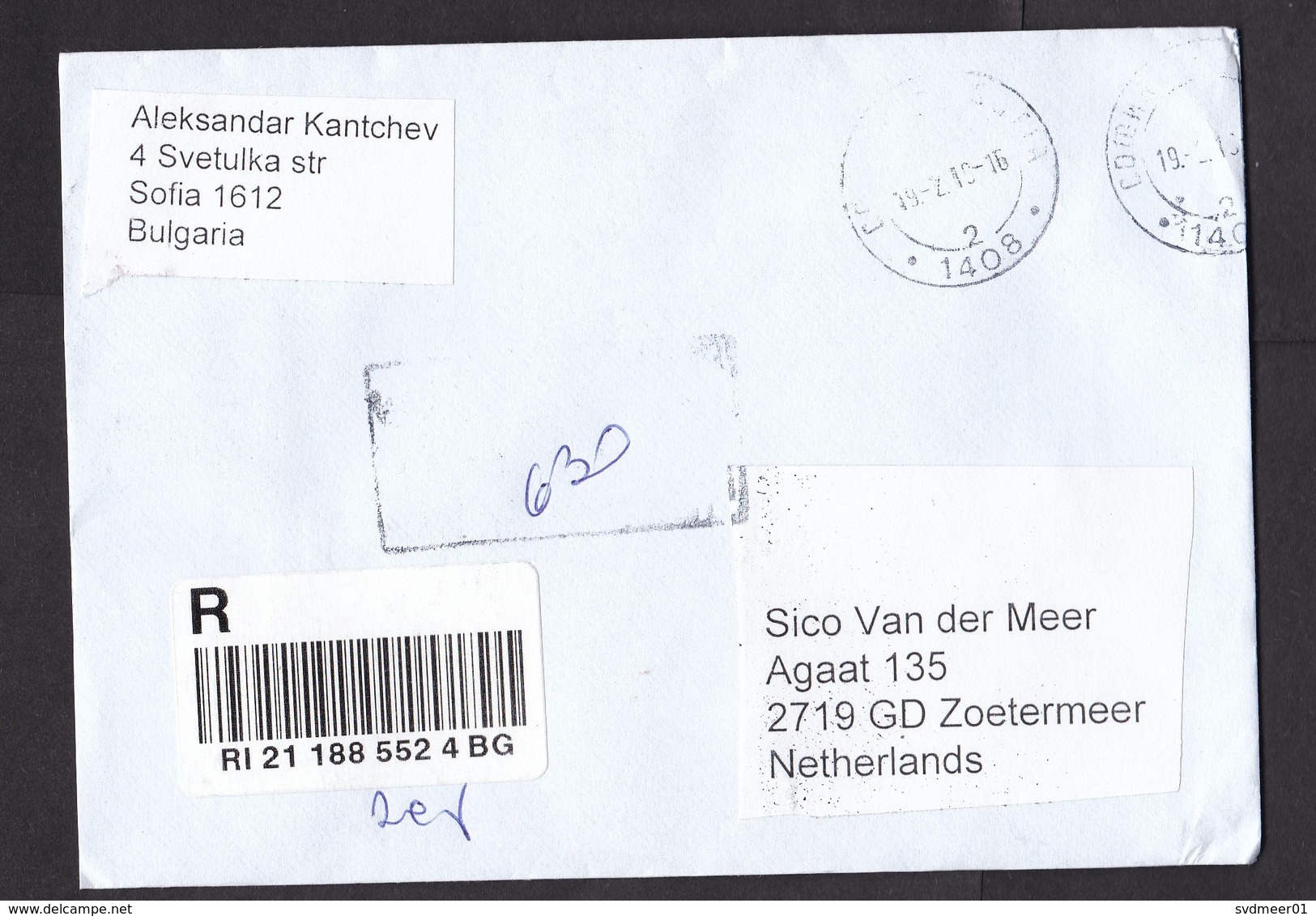 Bulgaria: Registered Cover To Netherlands, 2019, Postage Paid At Post Office, R-label (traces Of Use) - Briefe U. Dokumente