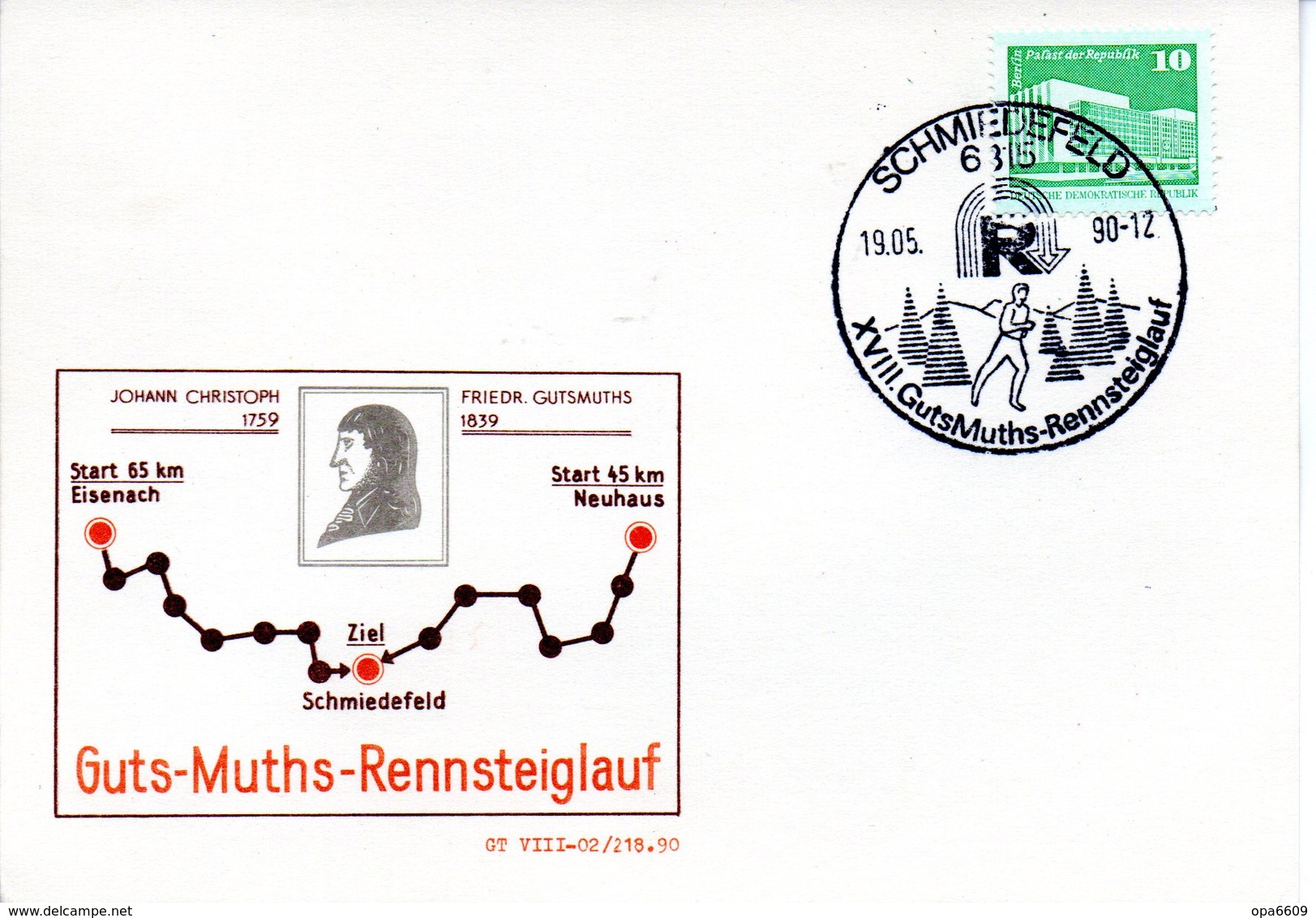 (DDR-B3) DDR Sonderkarte "Guts-Muths-Rennsteiglauf", EF Mi 2484, SSt.19.5.90 SCHMIEDEFELD - Lettres & Documents