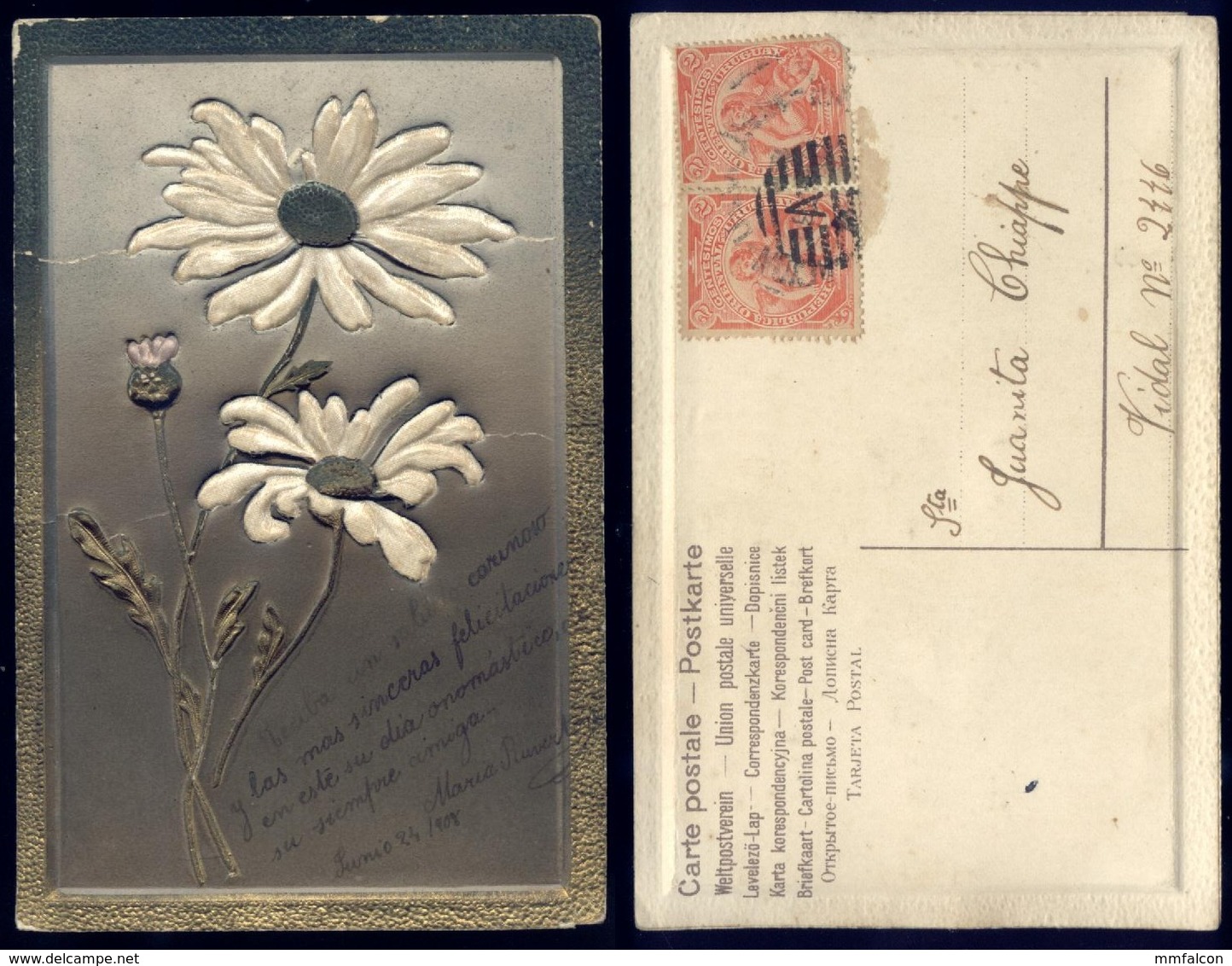 X76 - Art EMBOSSED FLOWERS FLEURS Greeting Postcard 1908 With Stamps - Flores