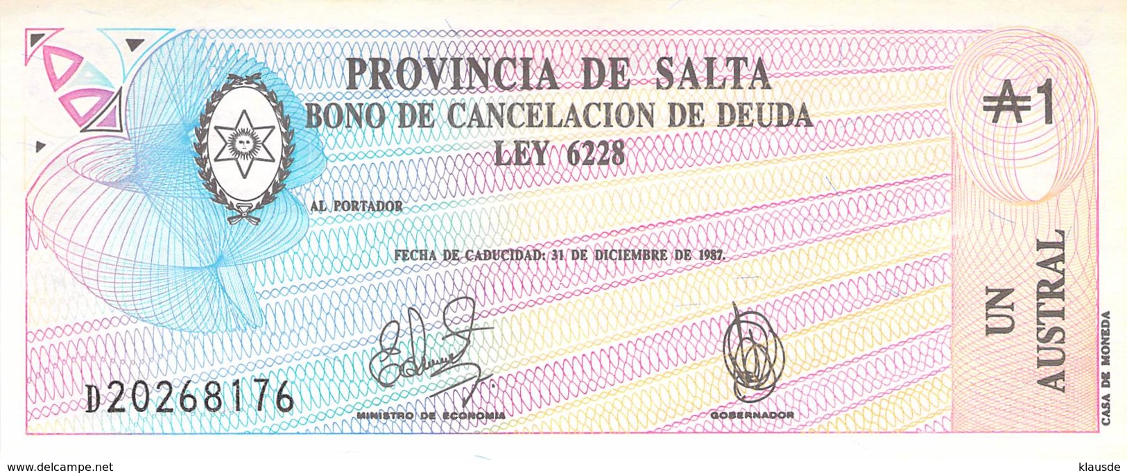 Un Austral Banknote (Scheck) Argentinien (Provincia De Salta) UNC 1987 - Argentinien