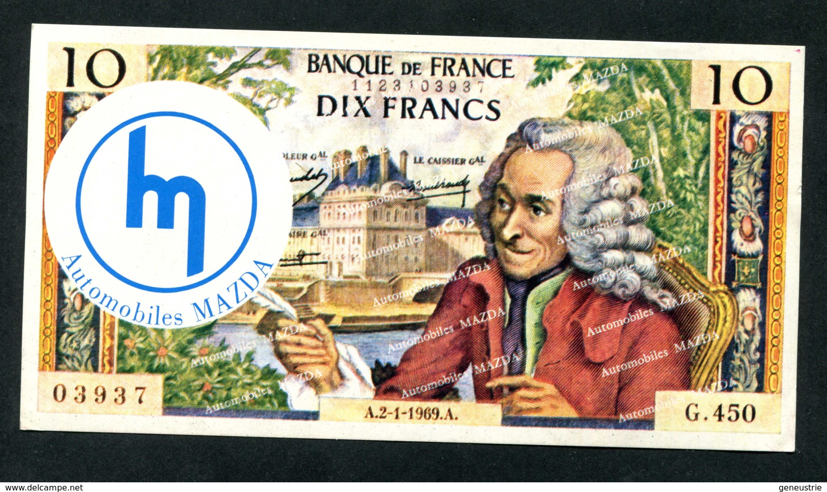 Billet Fantaisie Années 70 "Dix Francs Voltaire / Automobiles Mazda - Neuilly-sur-Seine / Salon De L'Auto - Fictifs & Spécimens