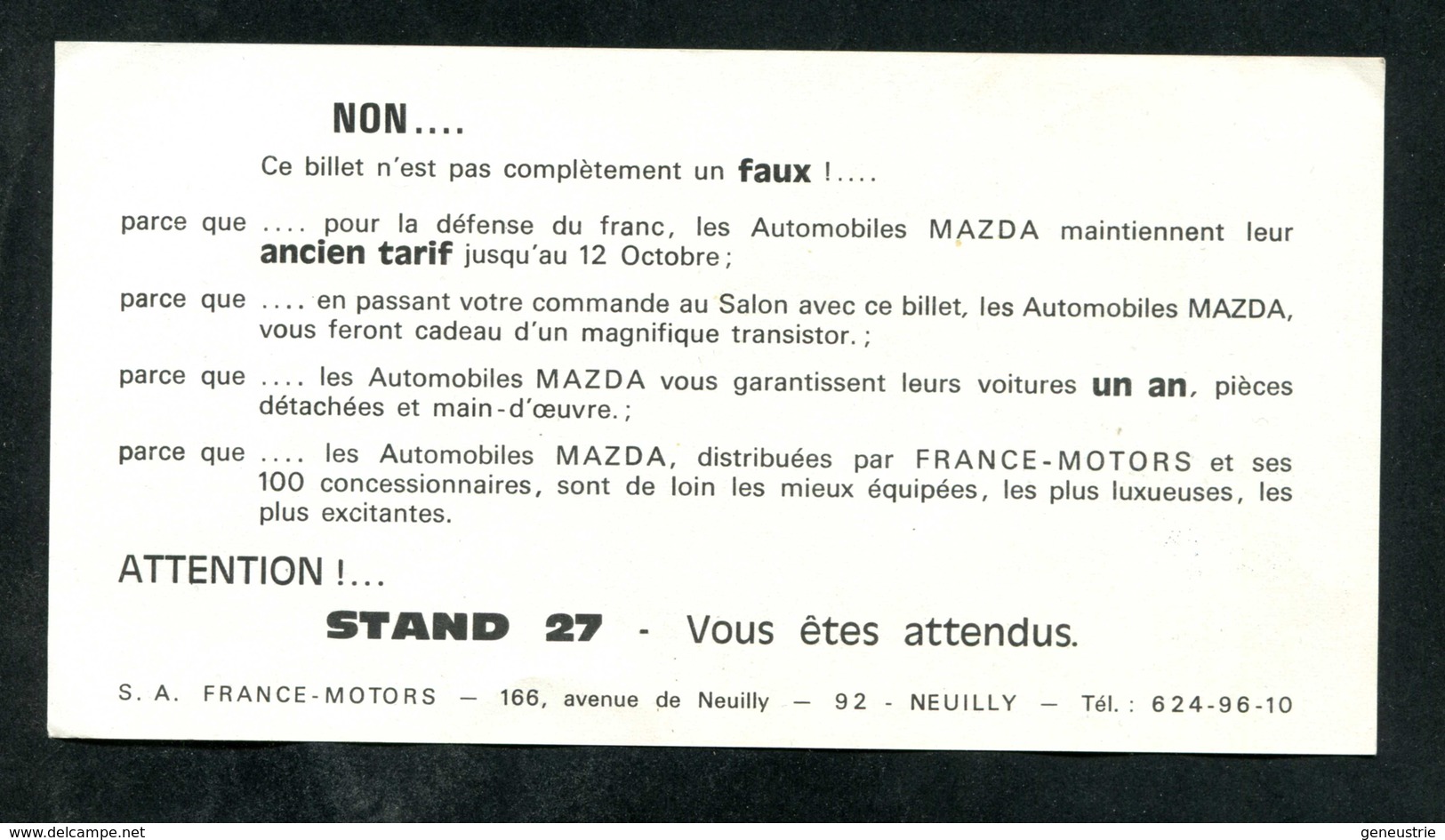 Billet Fantaisie Années 70 "Dix Francs Voltaire / Automobiles Mazda - Neuilly-sur-Seine / Salon De L'Auto - Specimen