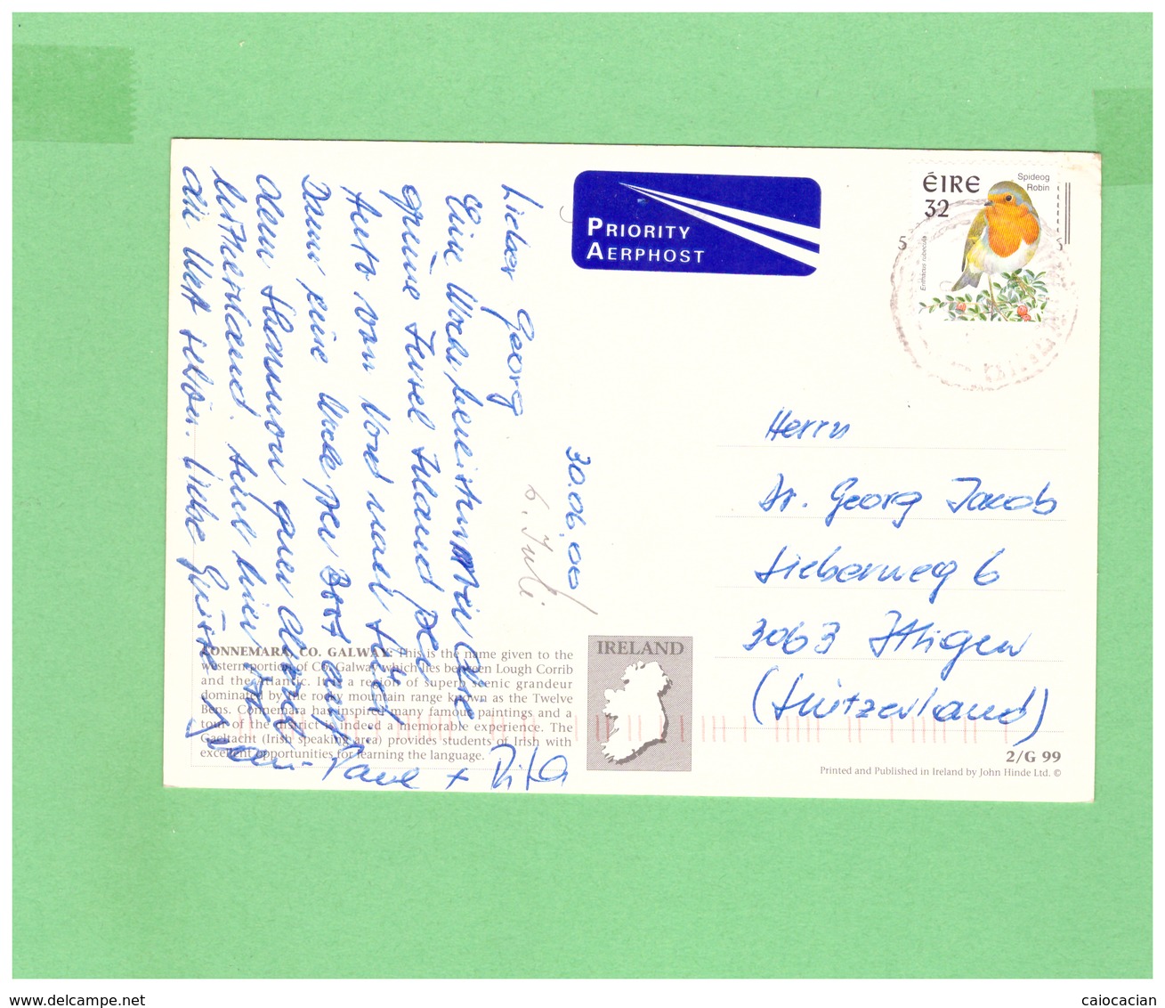 2000 EIRE AIR-MAIL POSTCARD WITH 1 STAMP TO SWISS - Storia Postale