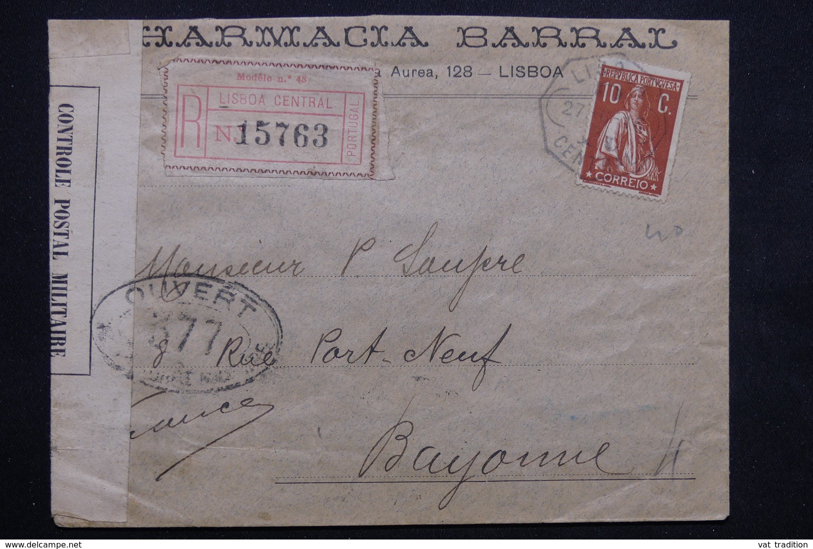 PORTUGAL - Enveloppe Commerciale De Lisbonne Pour La France ( Bayonne ) En 1916 , Contrôle Postal - L 23676 - Lettres & Documents