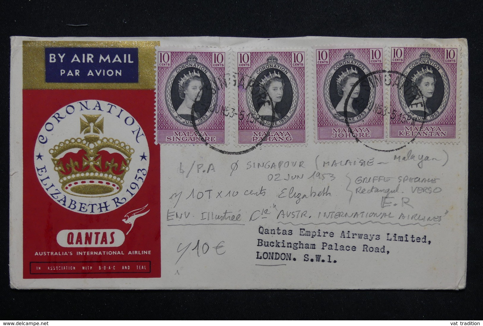 MALAISIE - Enveloppe De La Coronation De La Reine En 1953 Pour Londres En 1953 - L 23685 - Federated Malay States